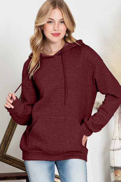 Khaki Lattice Textured Kangaroo Pocket Drawstring Hoodie