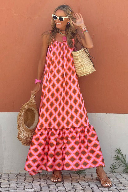 Blue Geometric Print Loose Fit Sleeveless Maxi Dress