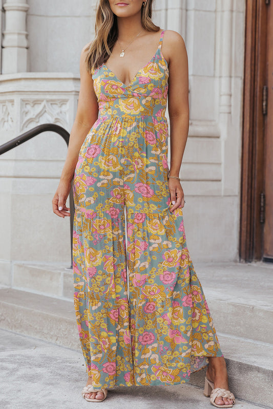 Sky Blue Floral Adjustable Straps Tiered Wide Leg Jumpsuit