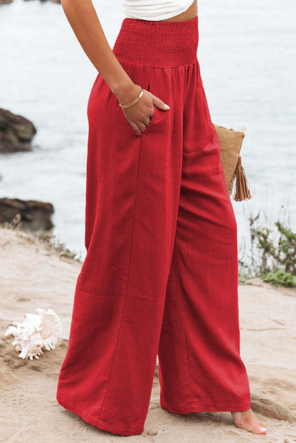 Brown Smocked Wide Waistband High Waist Wide Leg Pants