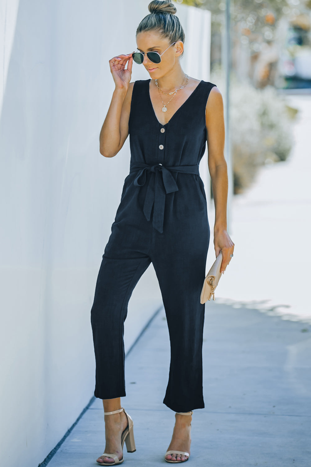 Blue V Neck Button Belted Jumpsuit With Pockets