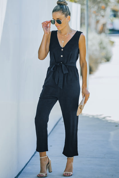 Blue V Neck Button Belted Jumpsuit With Pockets