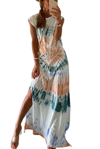 White Tie Dye Sleeveless Long Slit Dress