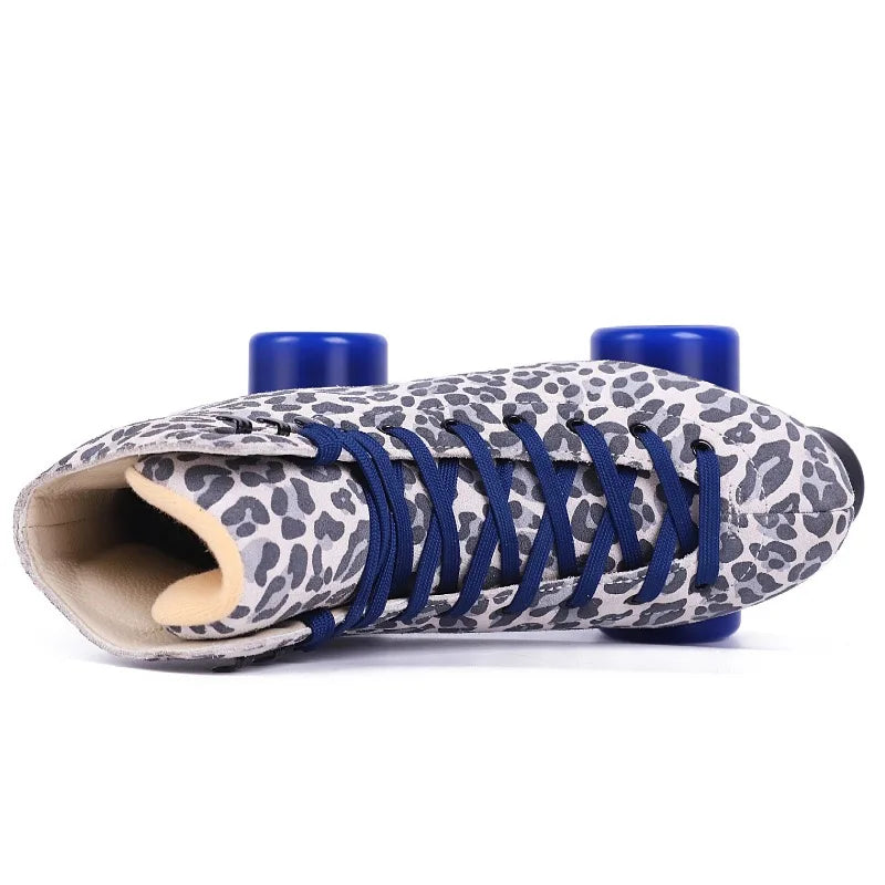 Women's Leopard Spot Suede Leather Quad Roller Skates