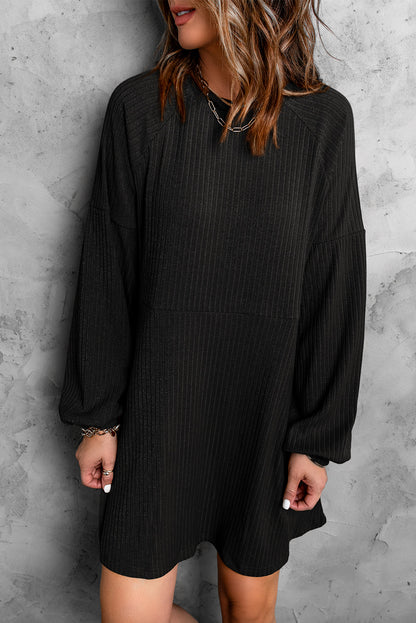 Black Round Neck Empire Waist Ribbed Short Knit Dress