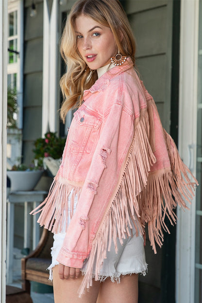 Pink Distressed Ripped Fringe Hem Cropped Denim Jacket