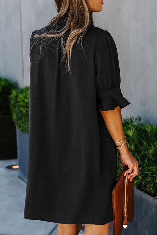 Navy Blue Split V Neck Short Sleeve Tunic Dress