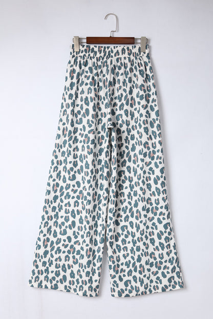 White Leopard Print Casual Drawstring Pocketed Wide Leg Pants