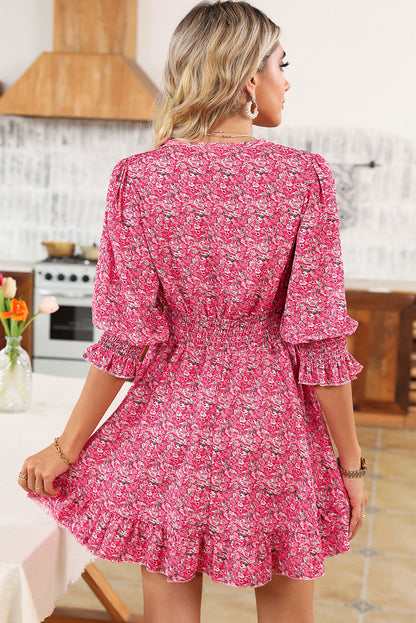 Multicolor Ditsy Floral Print Plunge Neckline Boho Short Dress