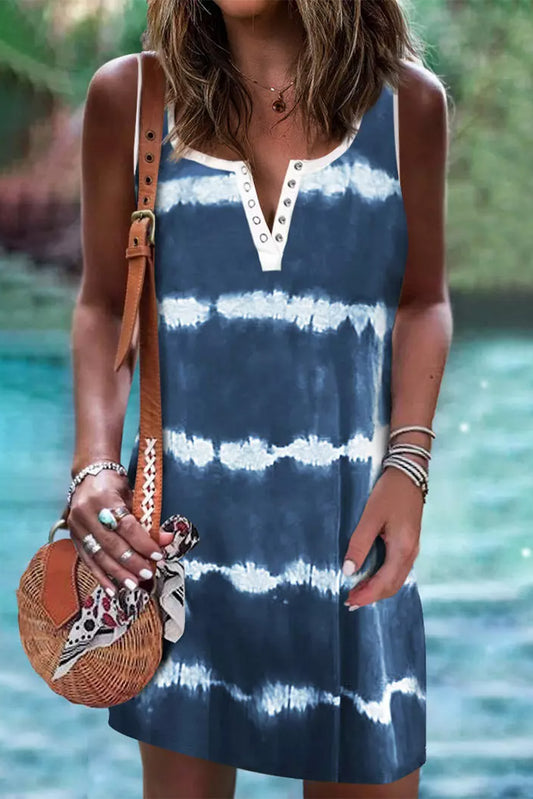 Blue Tie Dye Striped Button Notch V Neck Short Tank Dress