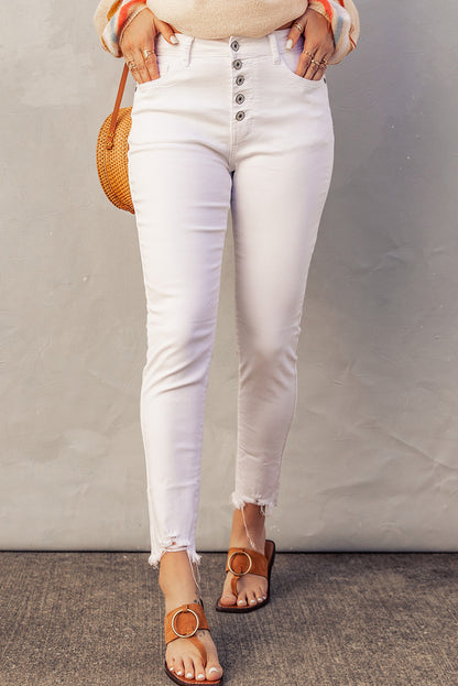 White Plain Buttons Frayed Raw Hem High Waist Denim Jeans