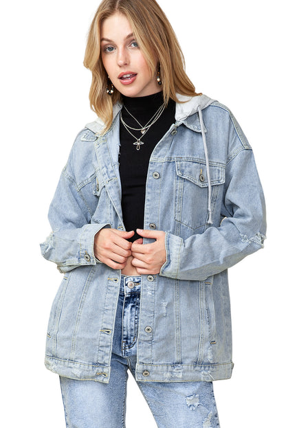 Light Blue Button Up Ripped Hooded Denim Jacket