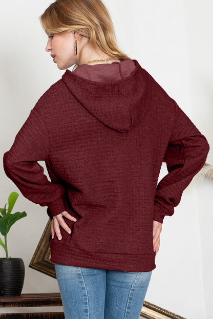 Khaki Lattice Textured Kangaroo Pocket Drawstring Hoodie
