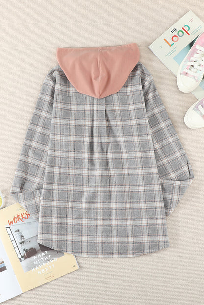 Khaki Drawstring Plaid Hooded Shirt Shacket