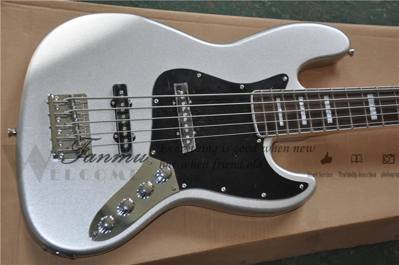 JB 5 String Electric Bass, Silver Body with Black Maple Headstock