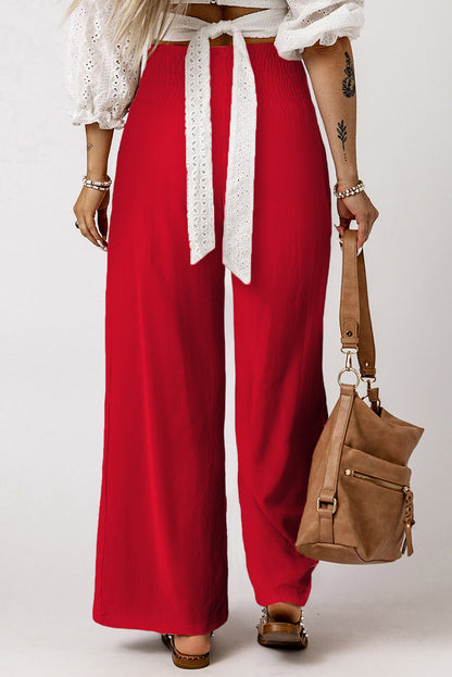 Brown Smocked Wide Waistband High Waist Wide Leg Pants