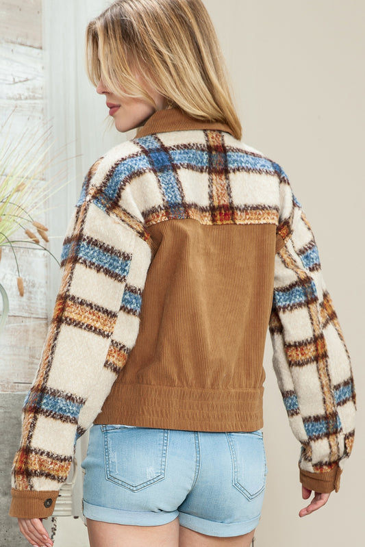 Khaki Plaid Corduroy Flap Pockets Boxy Chunky Jacket