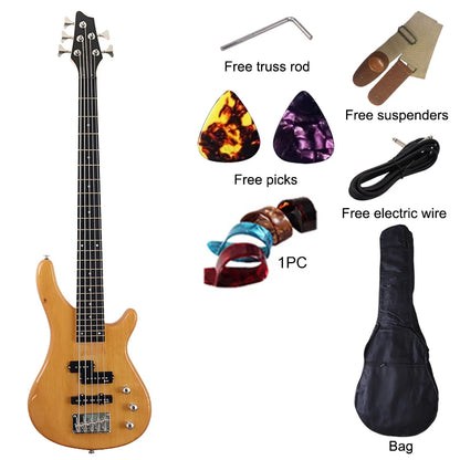 High Gloss Natural Electric Bass Guitar 5 String 43 Inch, Solid Bassood Body