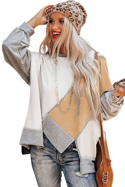 Pink Colorblock Stitching Irregular Hem Long Sleeve Top