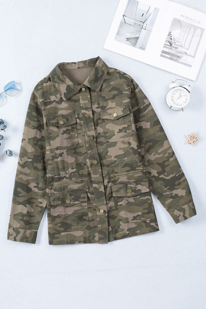 Green Camo Print Pockets Button Up Jacket