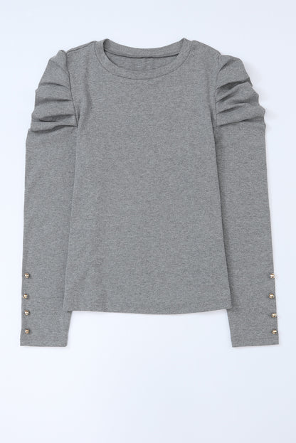 Green Basic Buttoned Puff Long Sleeve Sheath Top