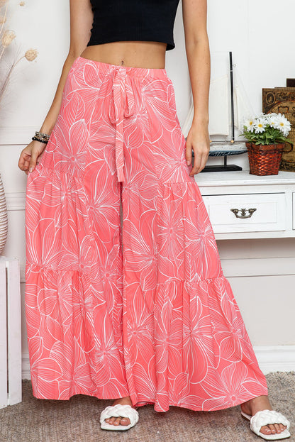 Pink Bohemian Floral Print Wide Leg Pants