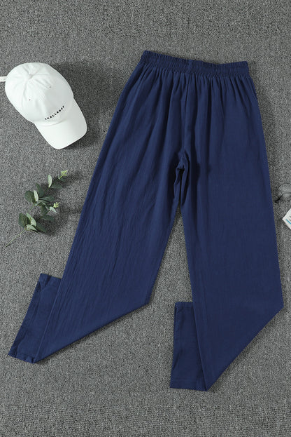 Dark Blue Pocket Drawstring Elastic Waist Straight Leg Pants