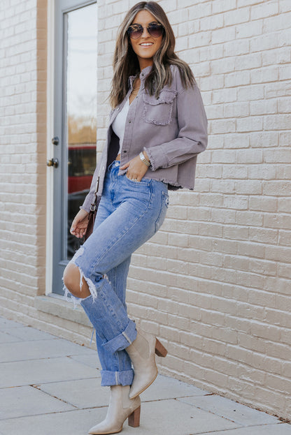 Green Distressed Flap Pockets Frayed Hem Denim Jacket
