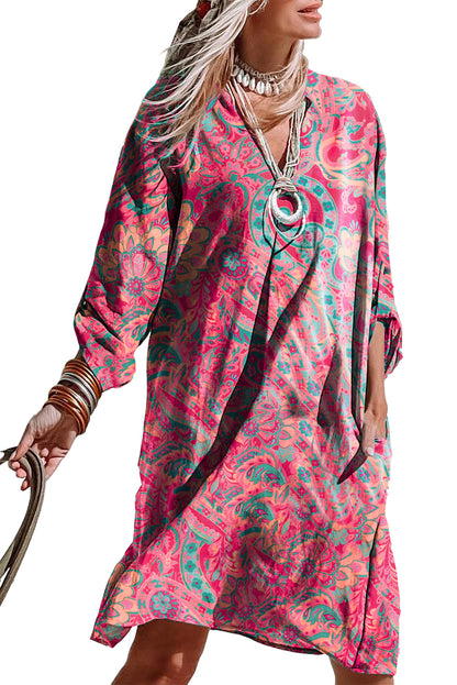 Rose Red Paisley Print Tab Sleeve Notched V Neck Dress