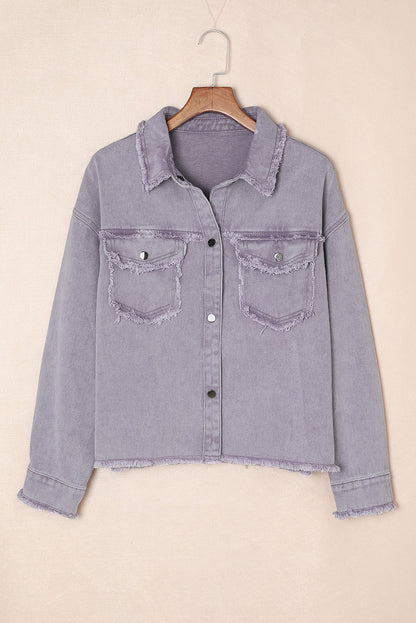 Green Distressed Flap Pockets Frayed Hem Denim Jacket