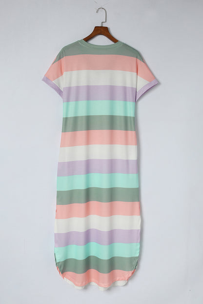 Multicolor Striped Side Split Pockets V Neck Maxi Shirt Dress