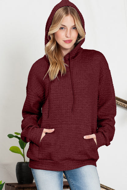 Khaki Lattice Textured Kangaroo Pocket Drawstring Hoodie