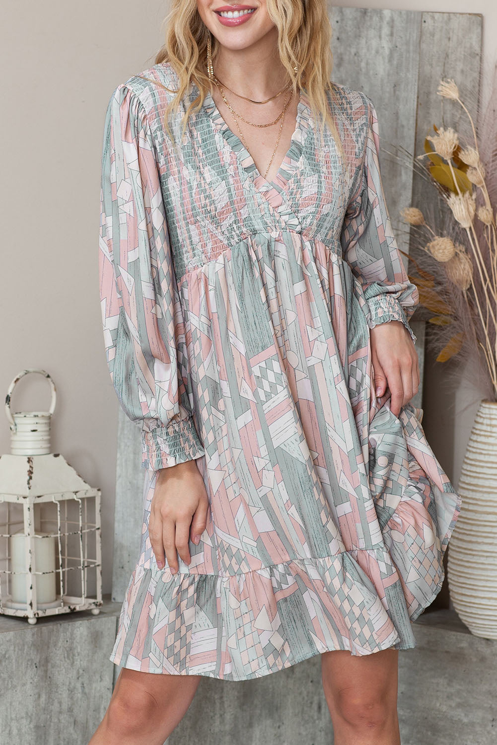 Multicolor Abstract Print Bishop Sleeve Smocked V Neck Dress