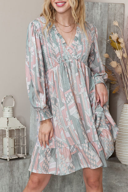 Multicolor Abstract Print Bishop Sleeve Smocked V Neck Dress
