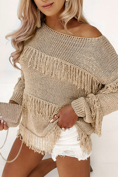 Green Boho Fringe Tasseled Knitted Sweater