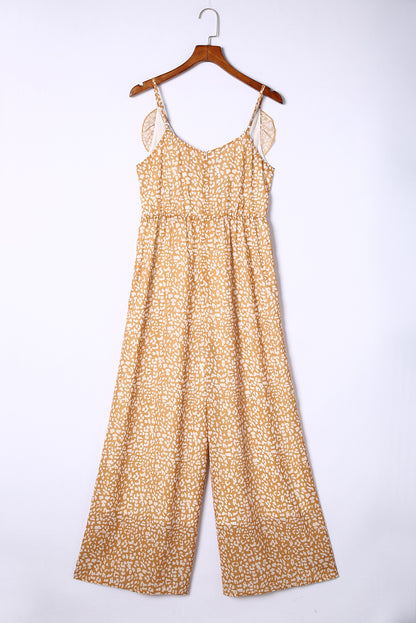Yellow Leopard Print Drawstring Ruffled Wrap V Neck Jumpsuit