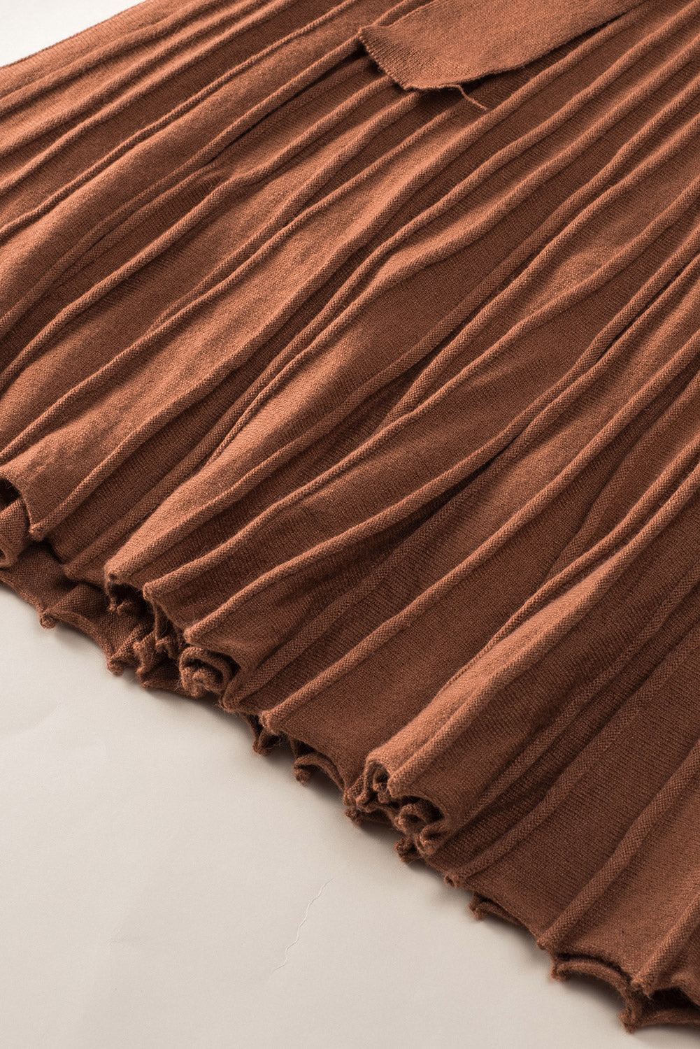 Brown Belted Wrap V Neck Ribbed Pleated Sweater Dress