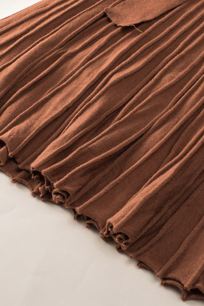 Brown Belted Wrap V Neck Ribbed Pleated Sweater Dress