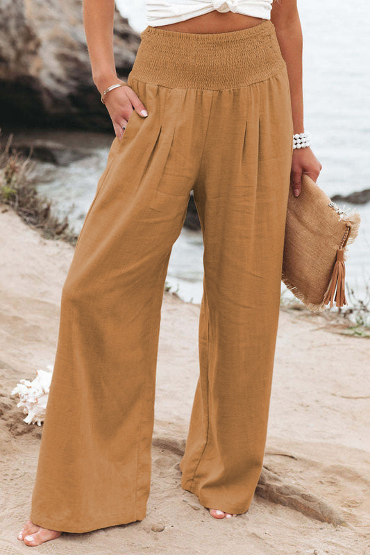Brown Smocked Wide Waistband High Waist Wide Leg Pants