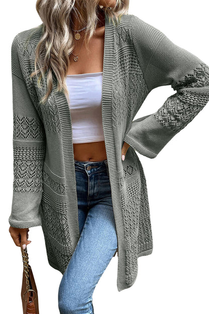 Black Pointelle Knit Open Front Long Cardigan