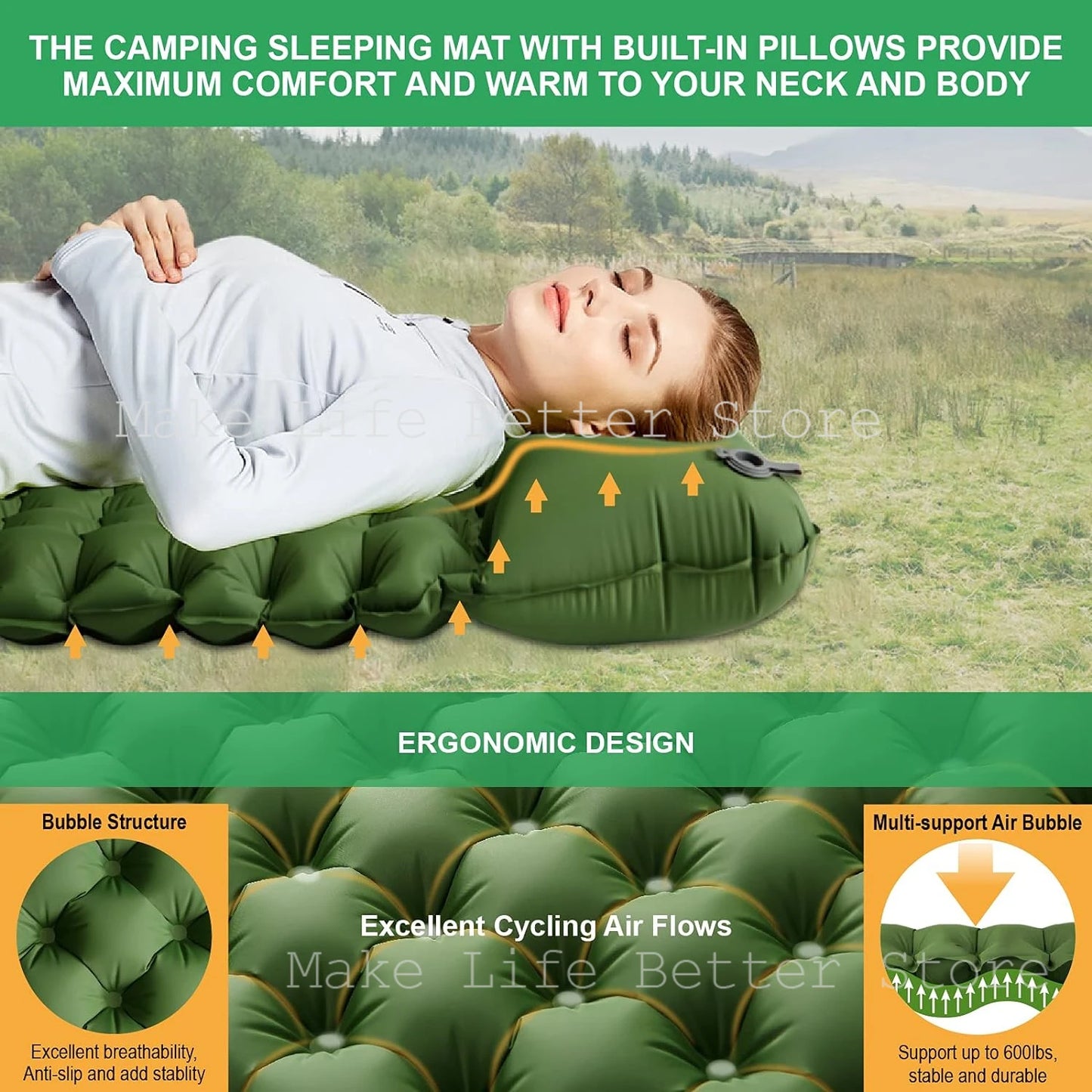 Inflatable Outdoor Mattress with Built-in Pillow Pump 200x140cm