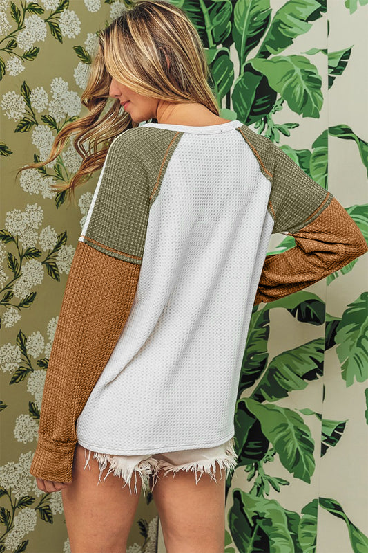 Green Waffle Knit Colorblock Patch Long Sleeve Top