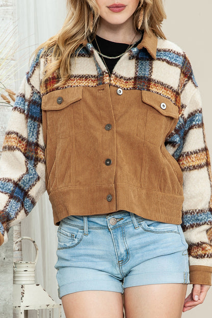 Khaki Plaid Corduroy Flap Pockets Boxy Chunky Jacket