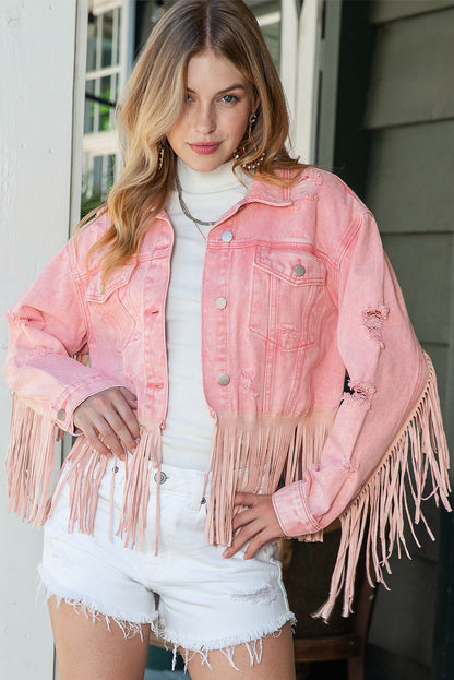 Pink Distressed Ripped Fringe Hem Cropped Denim Jacket