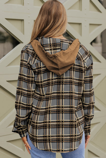 Pink Plaid Contrast Hooded Drawstring Shacket