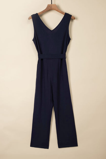 Blue V Neck Button Belted Jumpsuit With Pockets