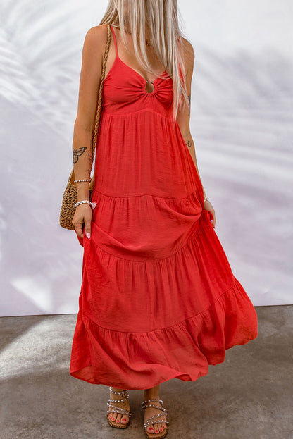 Red O-ring Smocked Back Spaghetti Straps Tiered Boho Dress