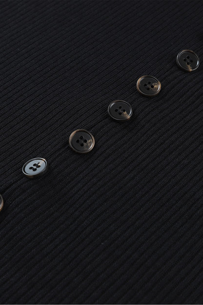 Black Buttoned Ribbed Knit Sleeveless Midi Dress with Slit