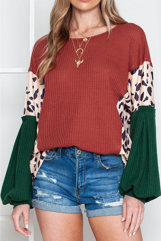 Brown Waffle Leopard Splicing Bishop Sleeve Top