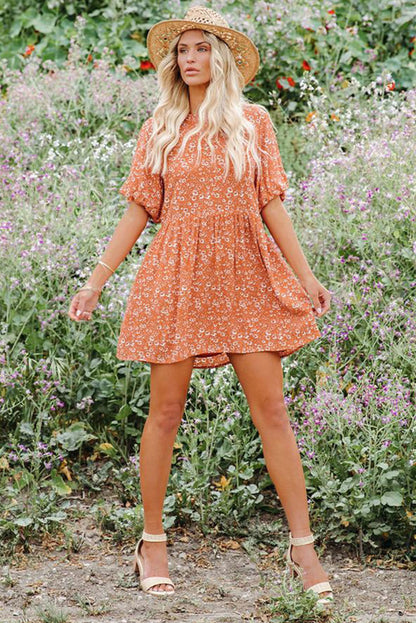 Orange Floral Boho Bishop Sleeve Short Dress
